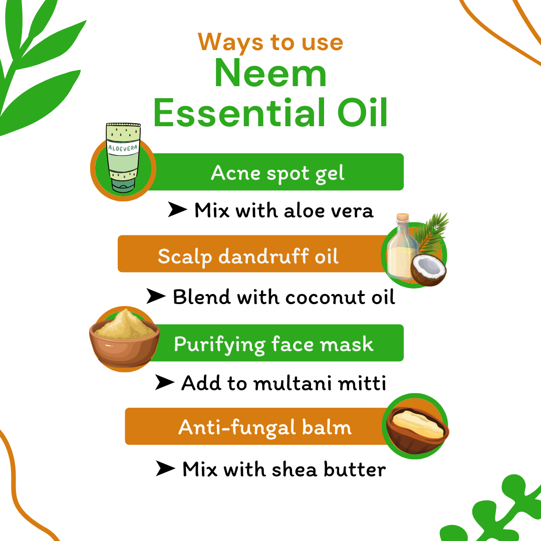Infographic on ways to use Neem Essential Oil with icons and text.