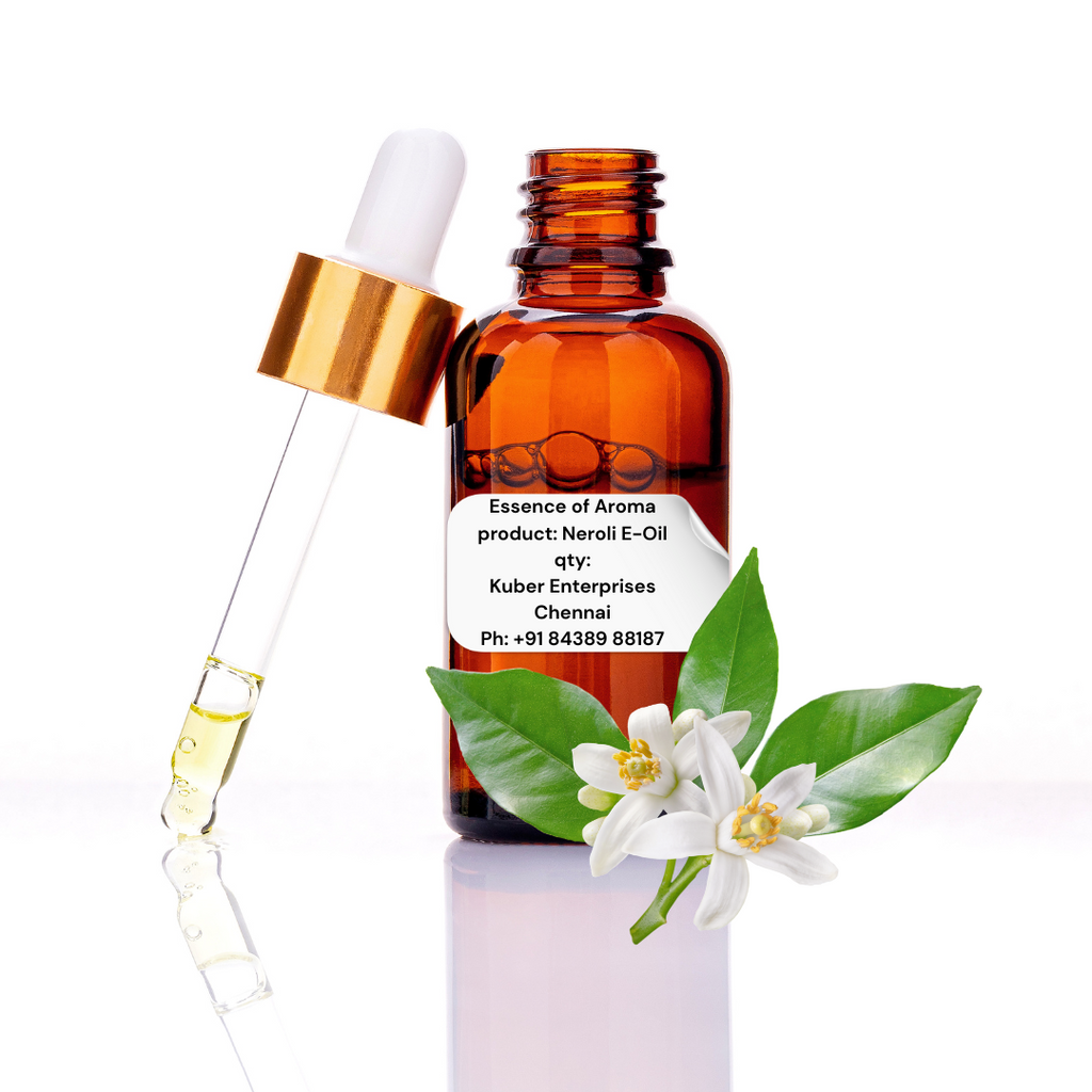 Essence of Aroma Neroli E-Oil bottle with dropper and orange flower on a white background