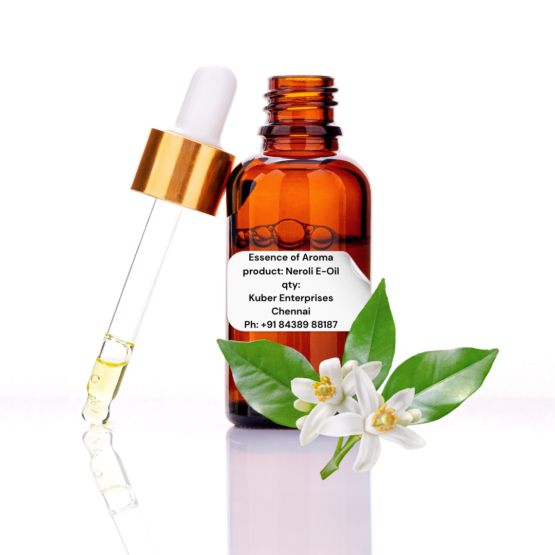 Essence of Aroma Neroli E-Oil bottle with dropper and orange flower on a white background