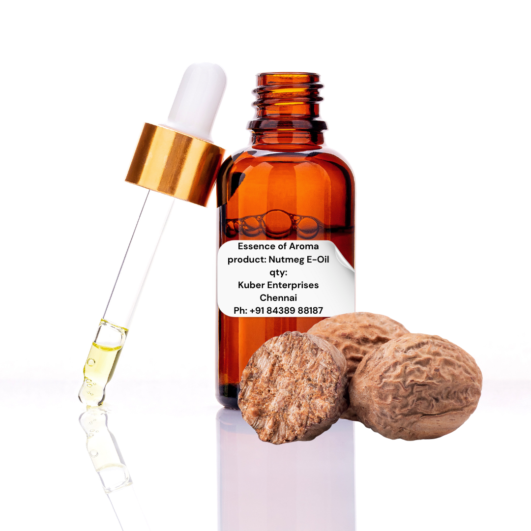nutmeg essential oil bottle with dropper and nutmegs on a white background