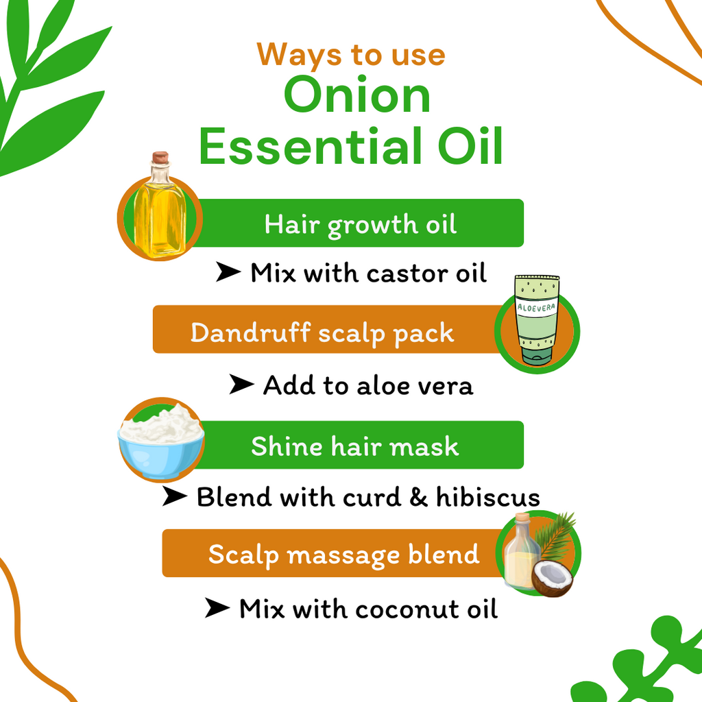 Infographic on ways to use onion essential oil with icons and text.