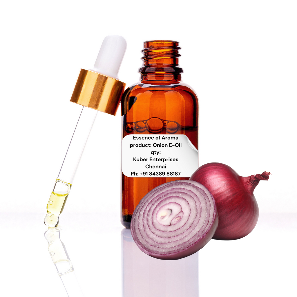 Bottle of Onion E-Oil with dropper and half an onion on a white background