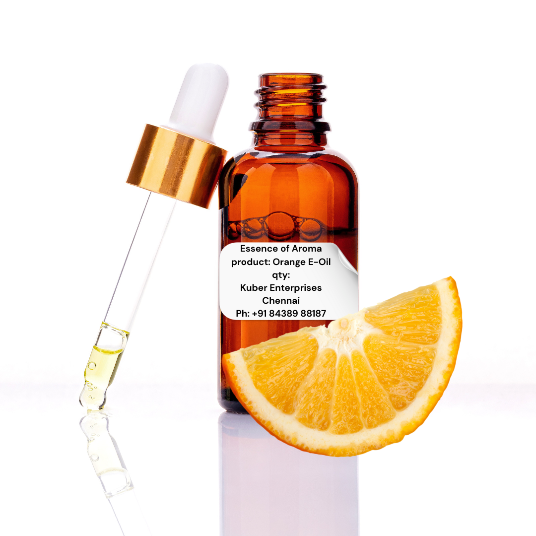 Orange essential oil bottle with dropper and a slice of orange on a white background