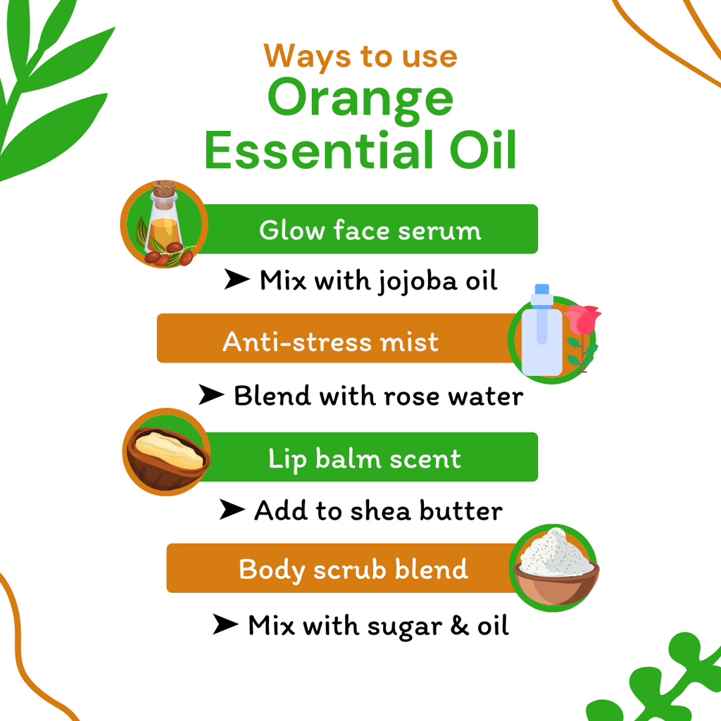 Infographic on ways to use orange essential oil with icons and text.