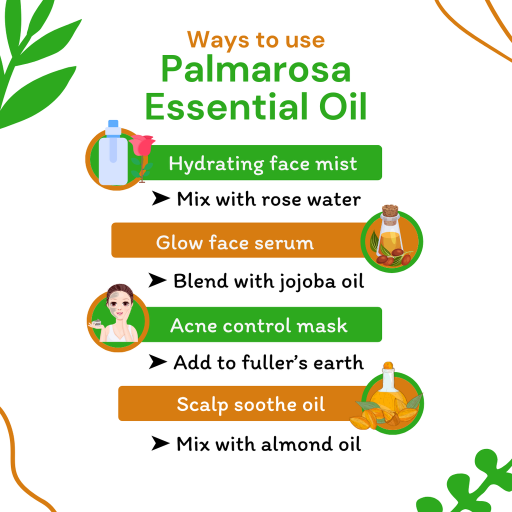 Infographic on ways to use Palmarosa Essential Oil with icons and text.