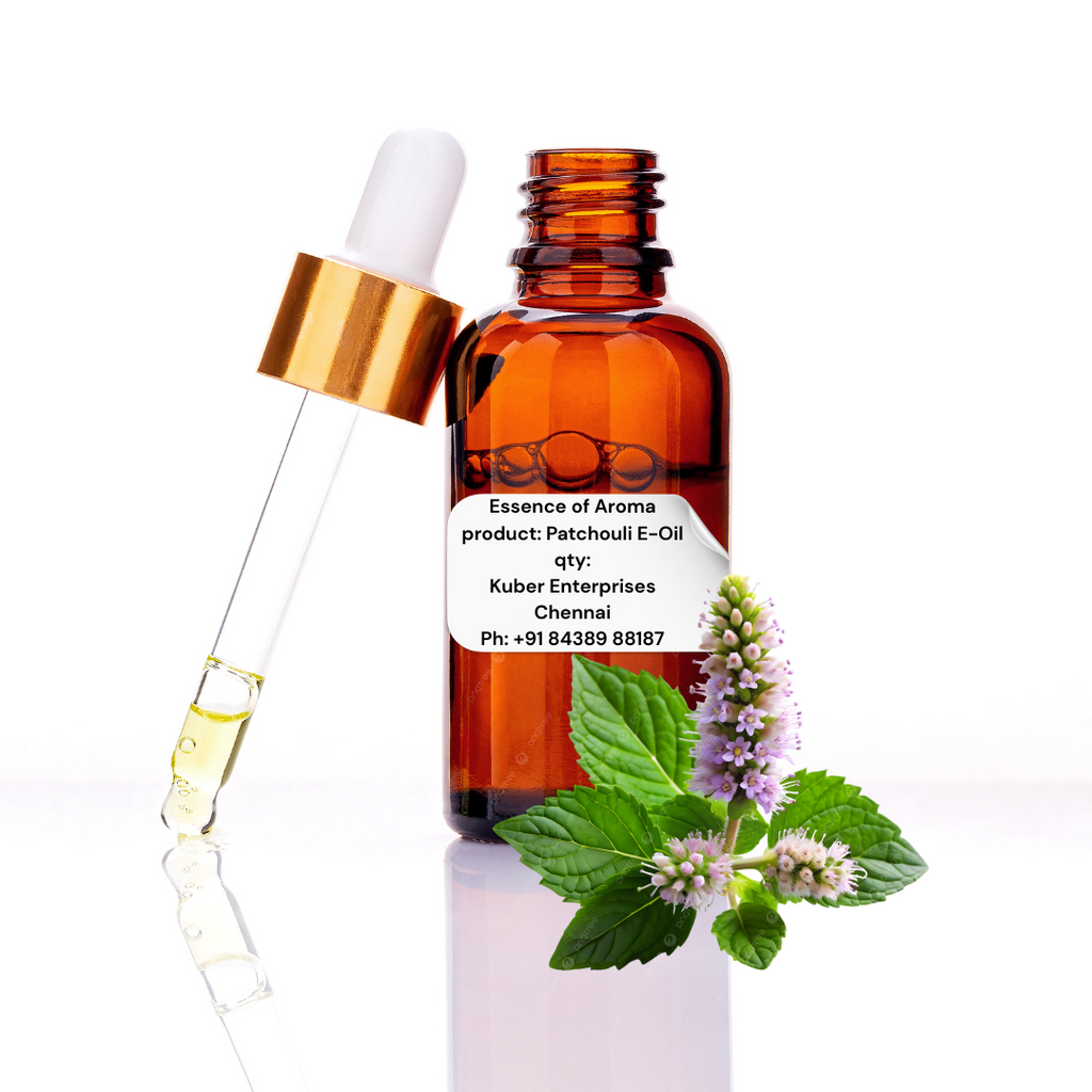 Patchouli essential oil bottle with dropper and mint leaves on a white background