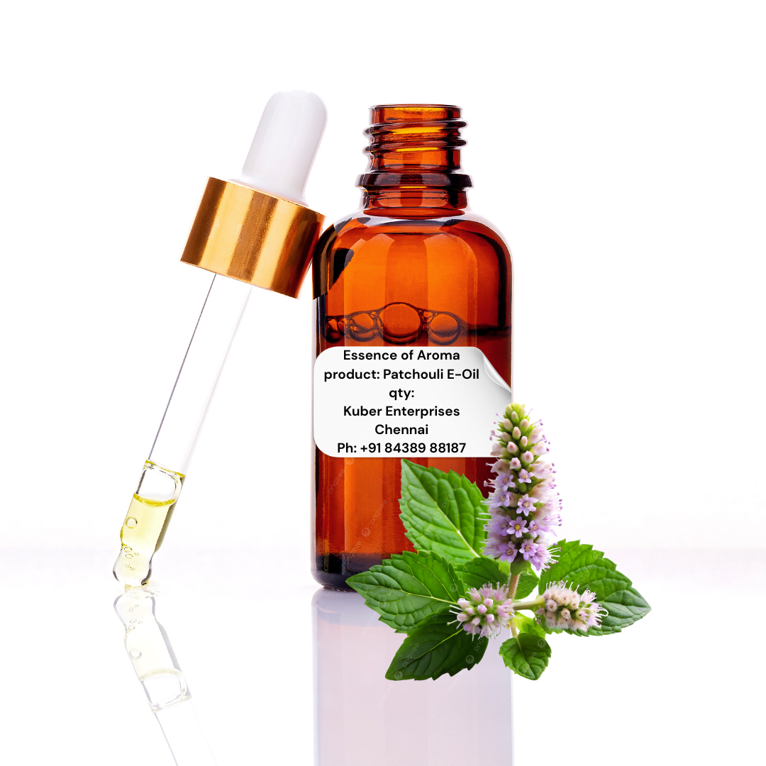 Patchouli essential oil bottle with dropper and mint leaves on a white background