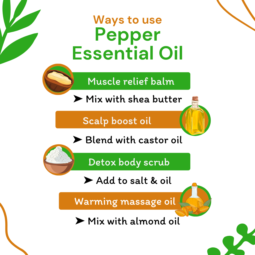 Infographic on ways to use pepper essential oil with icons and text.