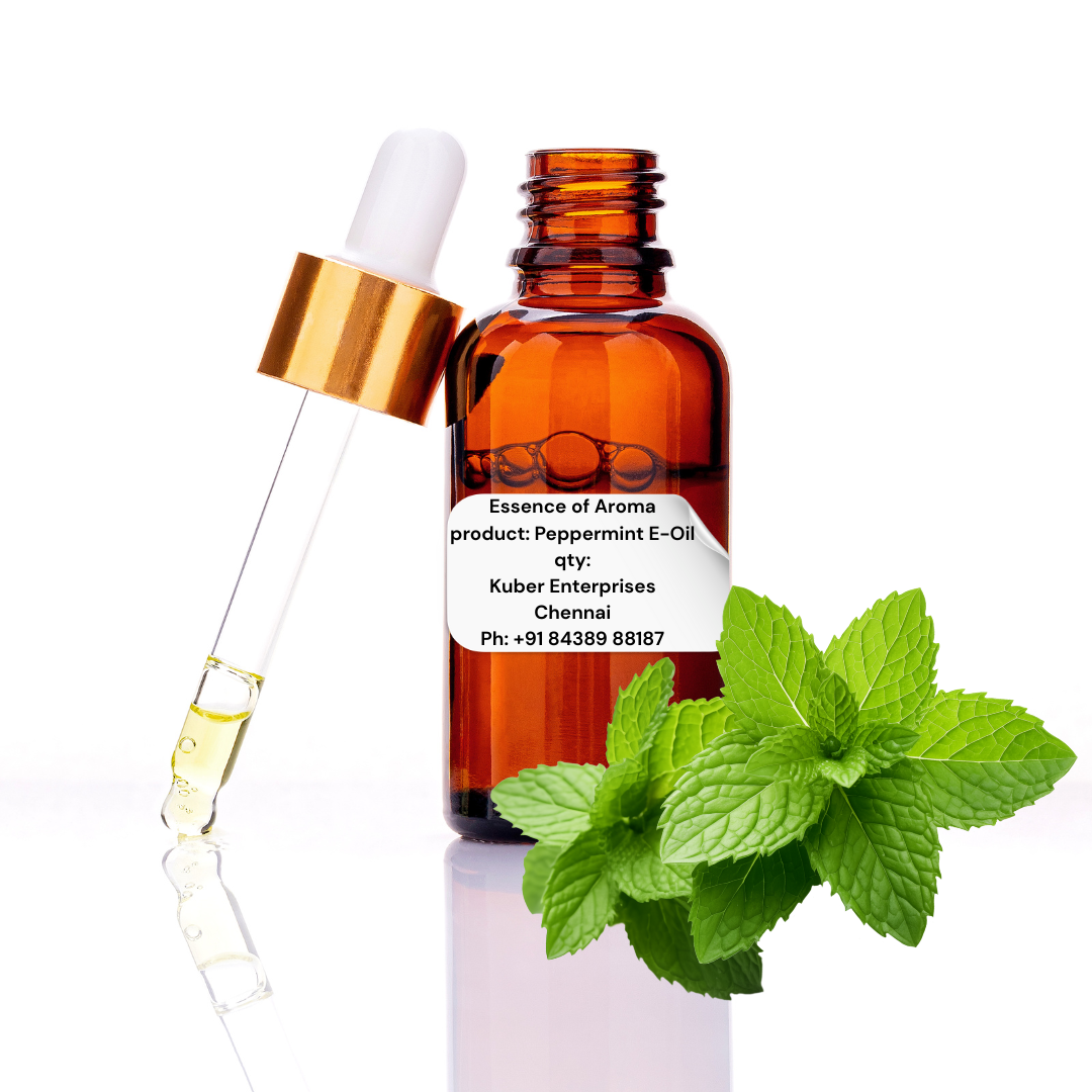 peppermint essential oil bottle with dropper and peppermint leaves on a white background