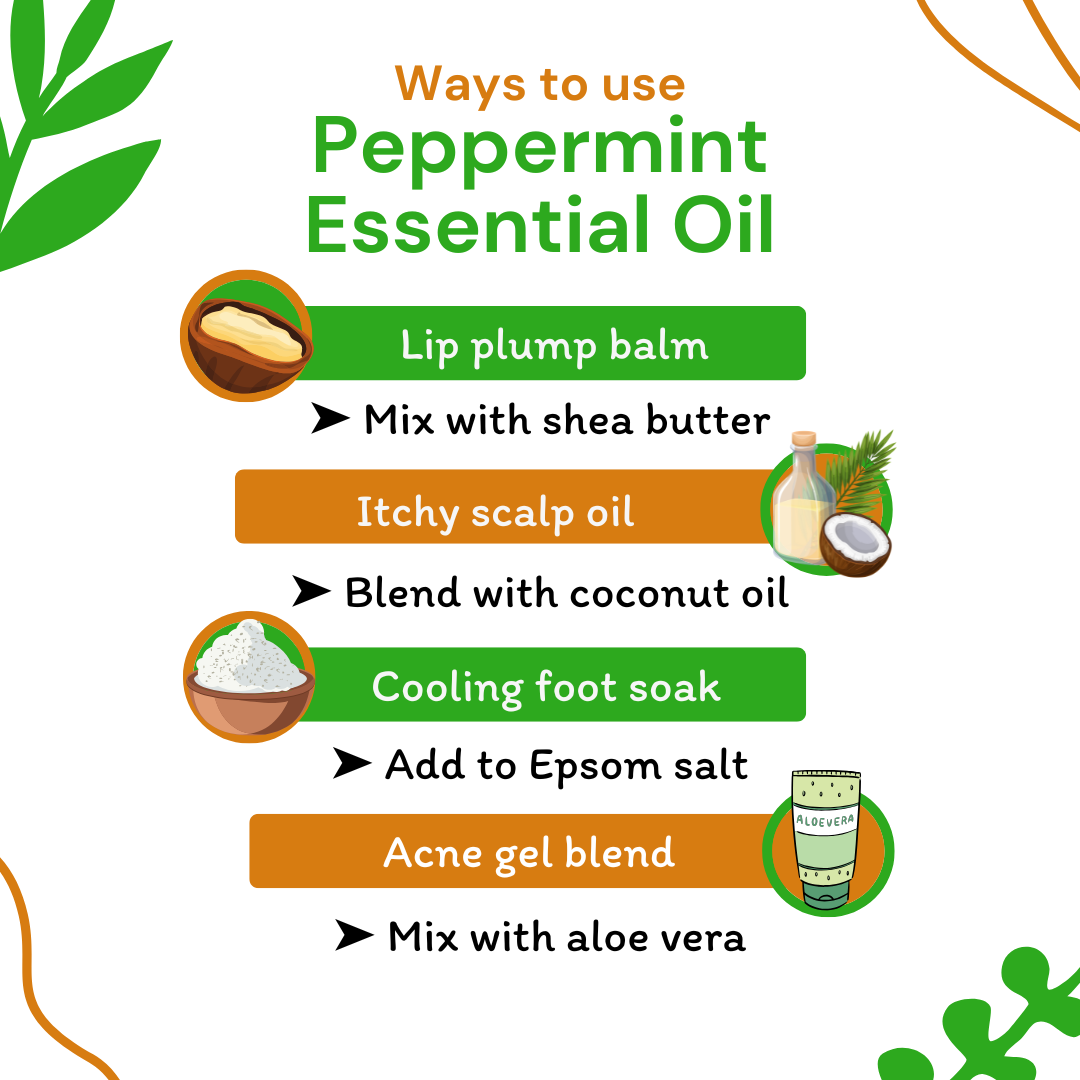 Infographic on ways to use peppermint essential oil with icons and text.