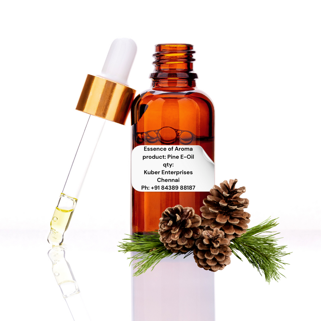 pine essential oil bottle with dropper and pine cones on a white background