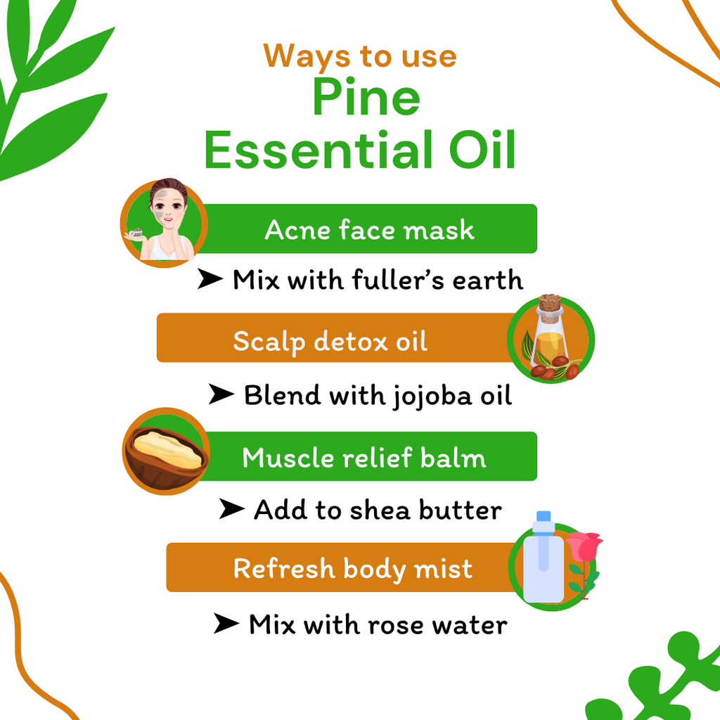 Infographic on ways to use pine essential oil with icons and text.