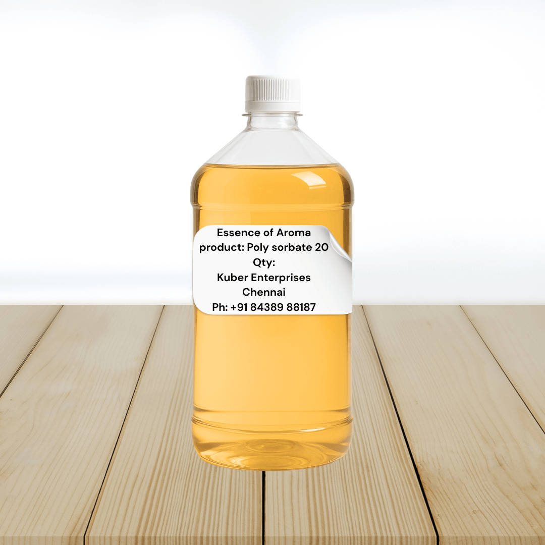 polysorbate 20 Bottle of 'Essence of Aroma' with a label on a wooden surface