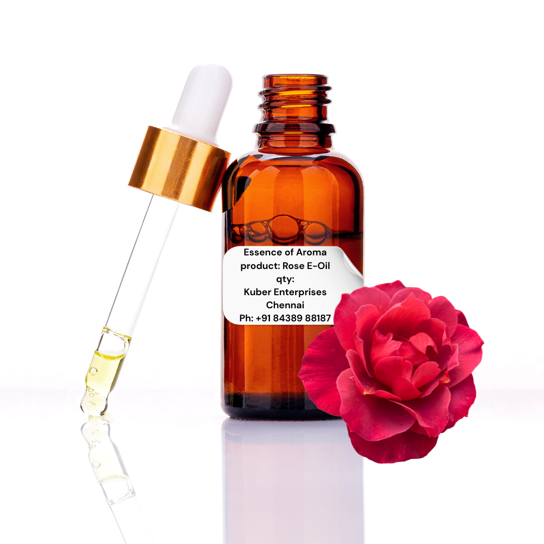 rose essential oil glass bottle with dropper and red rose on a white background