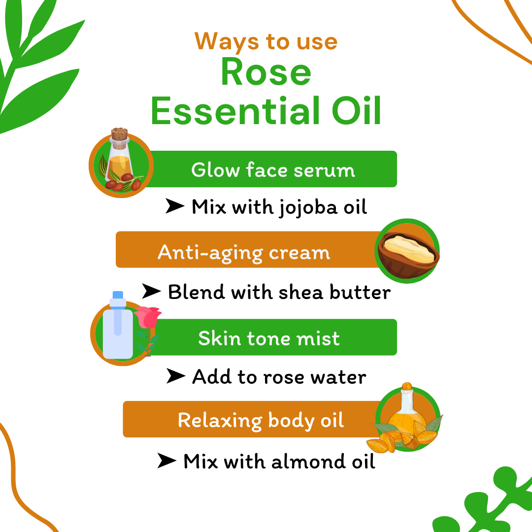 Infographic on ways to use rose essential oil with icons and text.