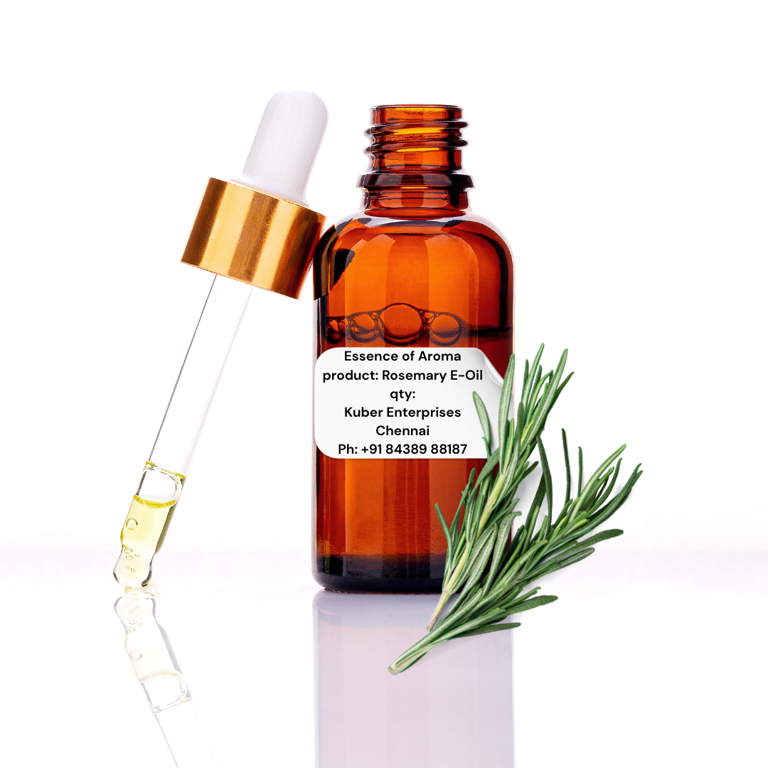 rosemary essential oil glass bottle with dropper and rosemary sprig on a white background
