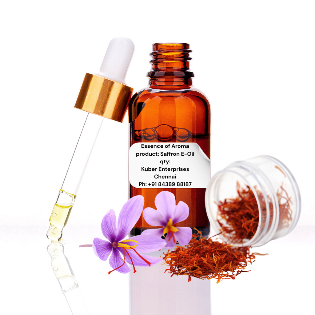 Saffron oil with dropper, bottle, and saffron strands on a white background