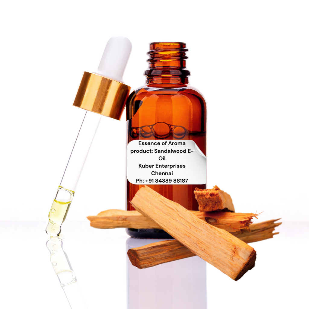 Sandalwood essential oil bottle with dropper and wood pieces on a white background