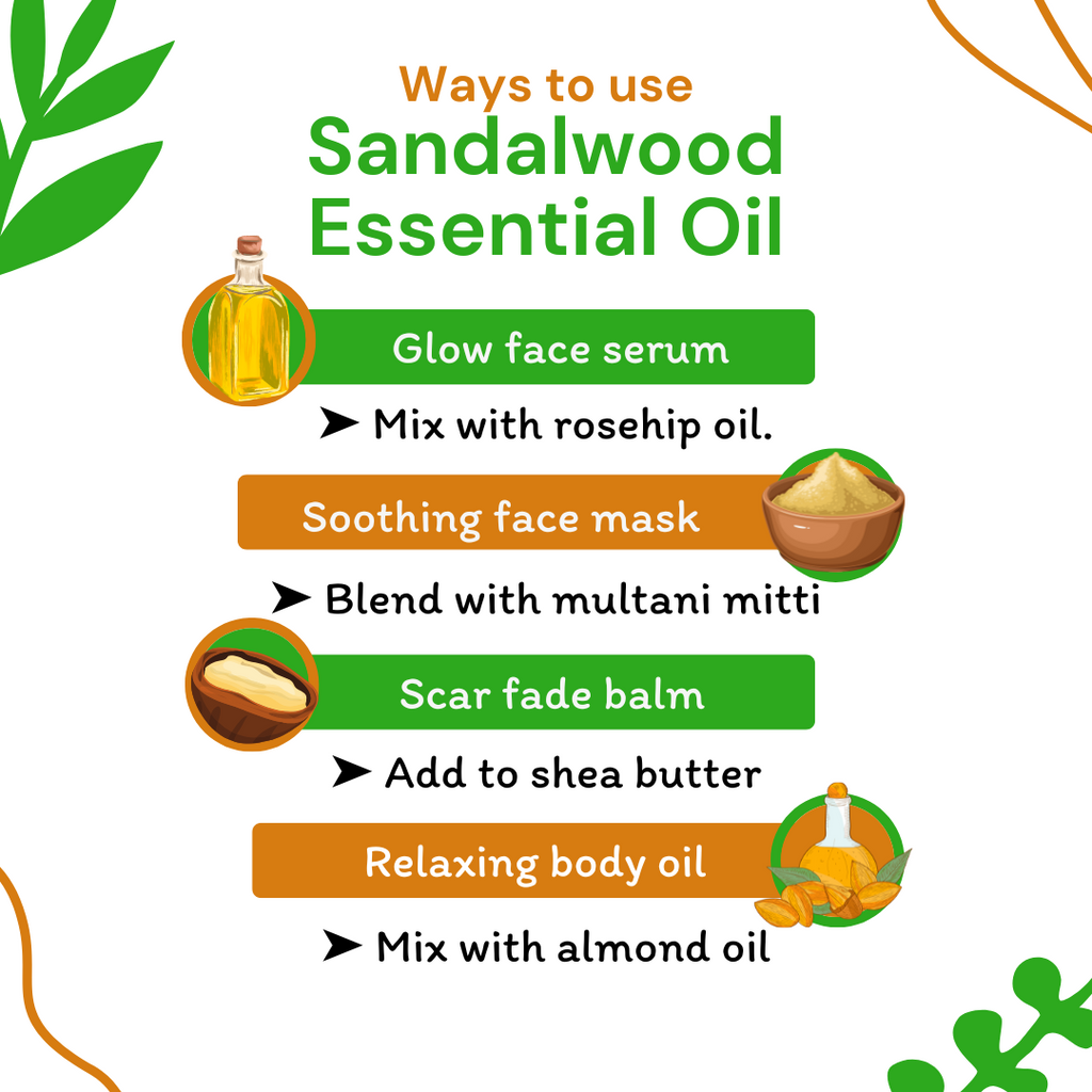 Infographic on ways to use sandalwood essential oil with icons and text.