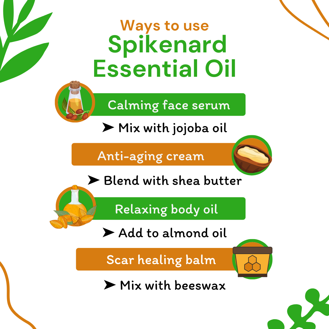 Spikenard essential oil usage tips with icons and text on a white background