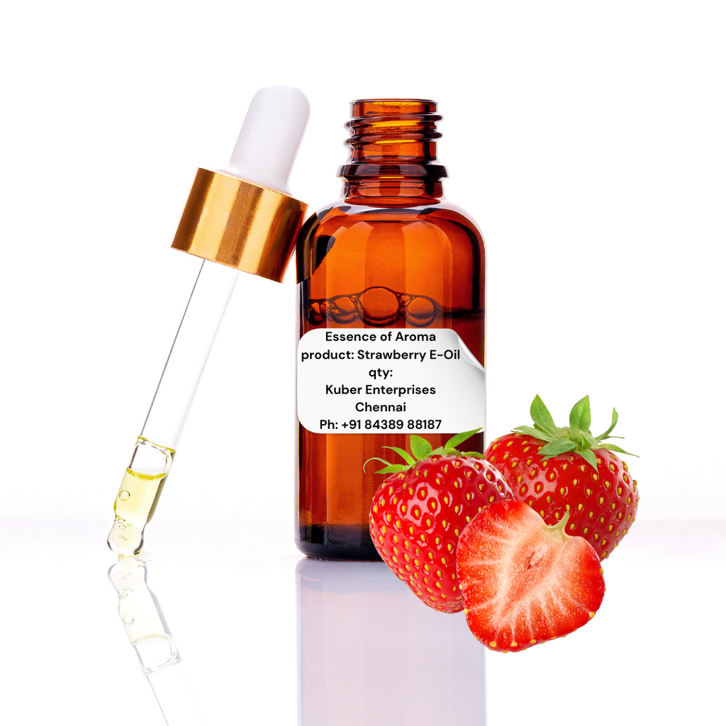 Strawberry essential oil bottle with dropper and strawberries on a white background
