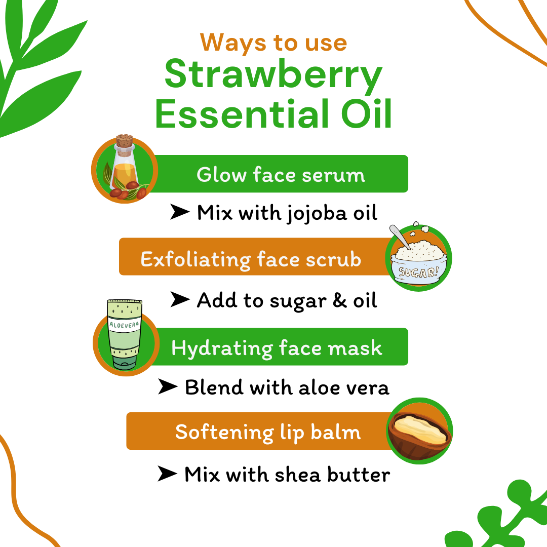 Infographic on ways to use strawberry essential oil for skincare with icons and text.