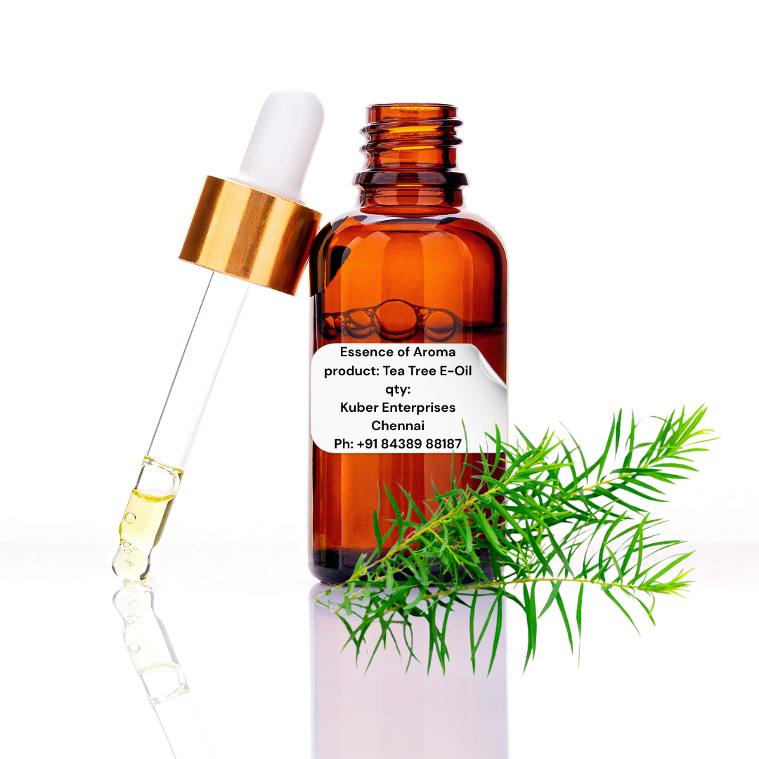 Tea tree essential oil bottle with dropper and green leaf on a white background