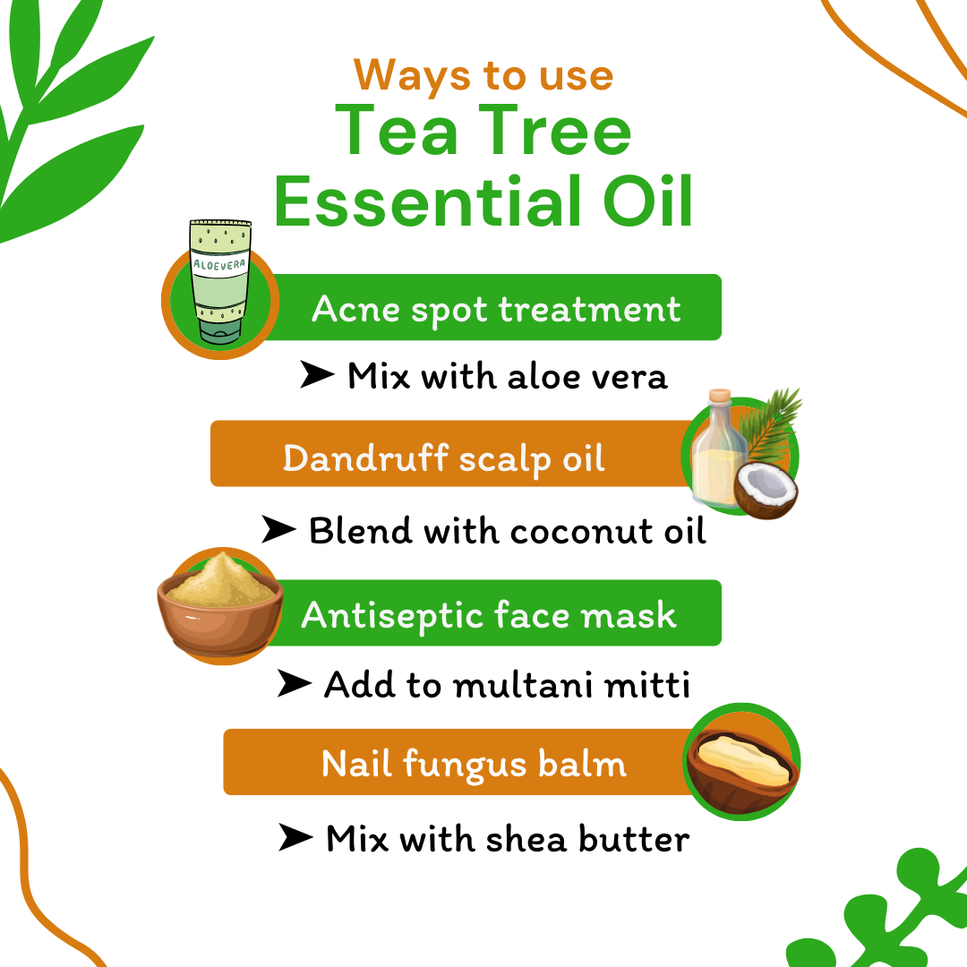 Tea tree essential oil uses with icons and text on a white background