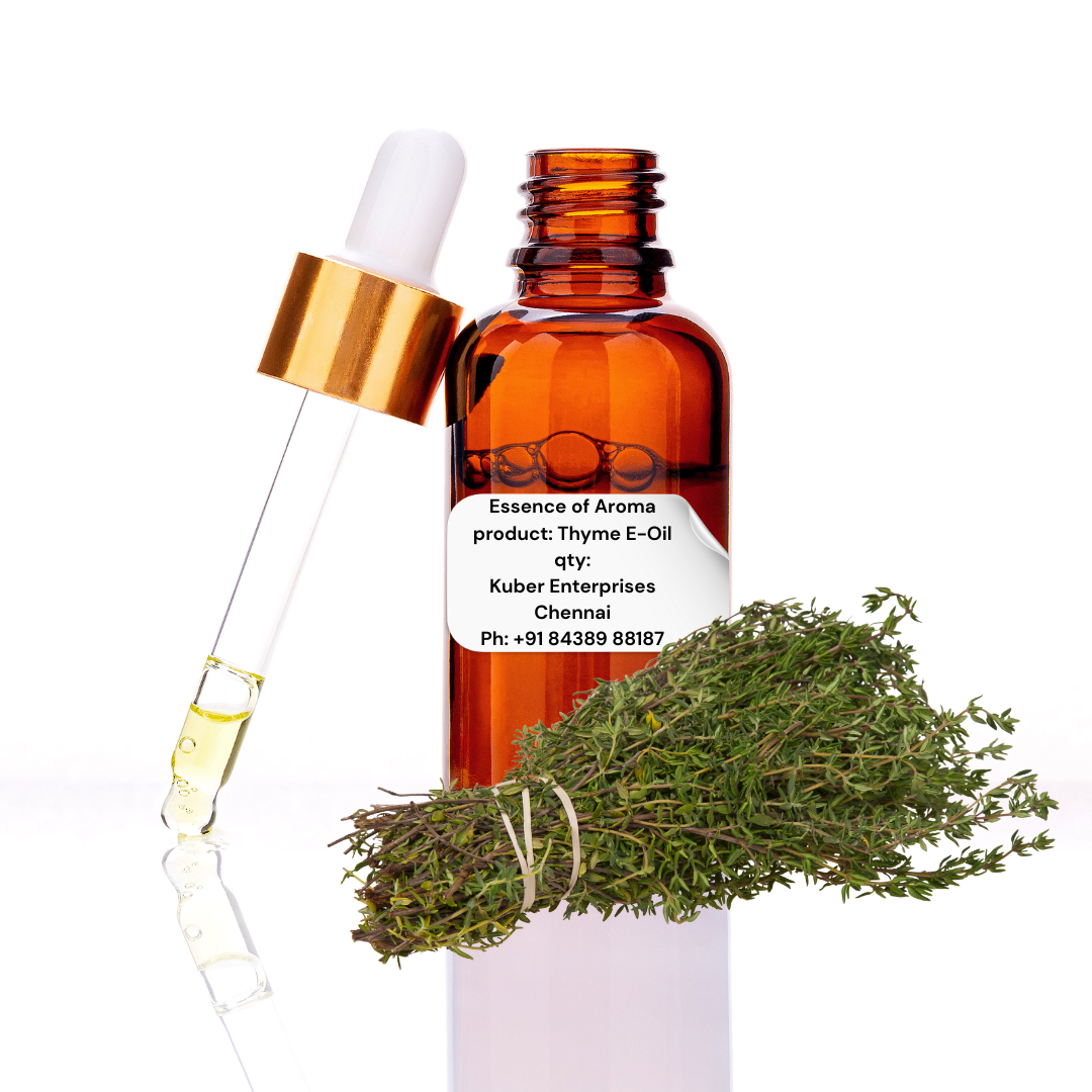 Thyme essential oil bottle with dropper and fresh thyme leaves on a white background