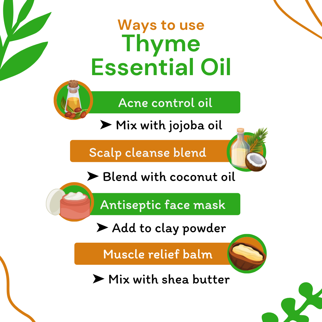 Infographic on ways to use thyme essential oil with icons and text.