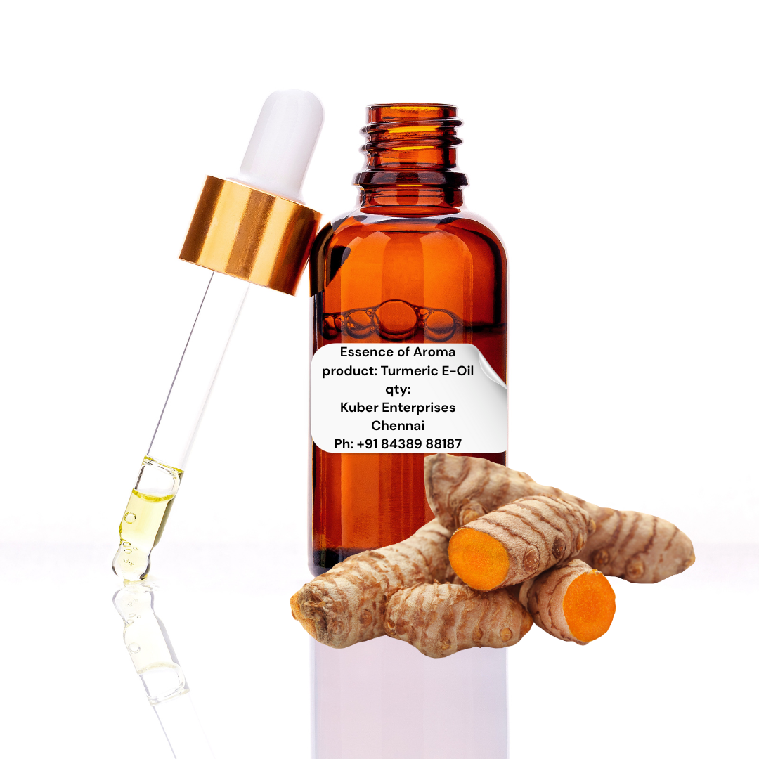 Turmeric essential oil bottle with dropper and turmeric roots on a white background