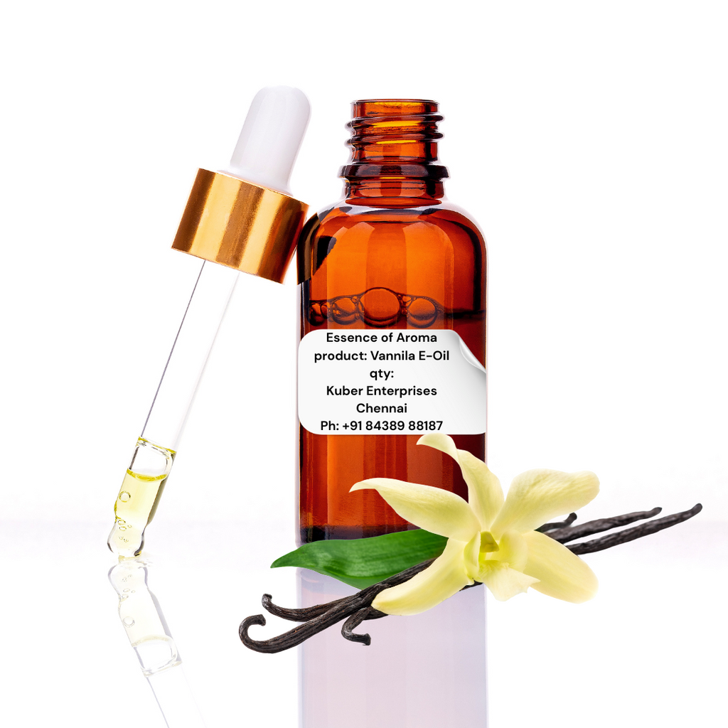 Vanilla essential oil bottle with dropper and vanilla flower on a white background