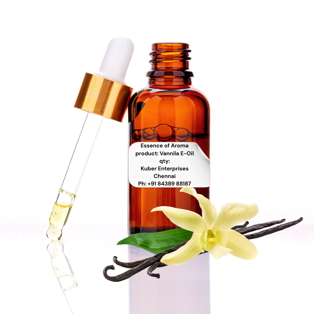 Vanilla essential oil bottle with dropper and vanilla flower on a white background