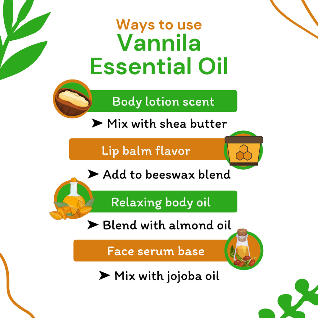 Infographic on ways to use Vannila Essential Oil with icons and text.