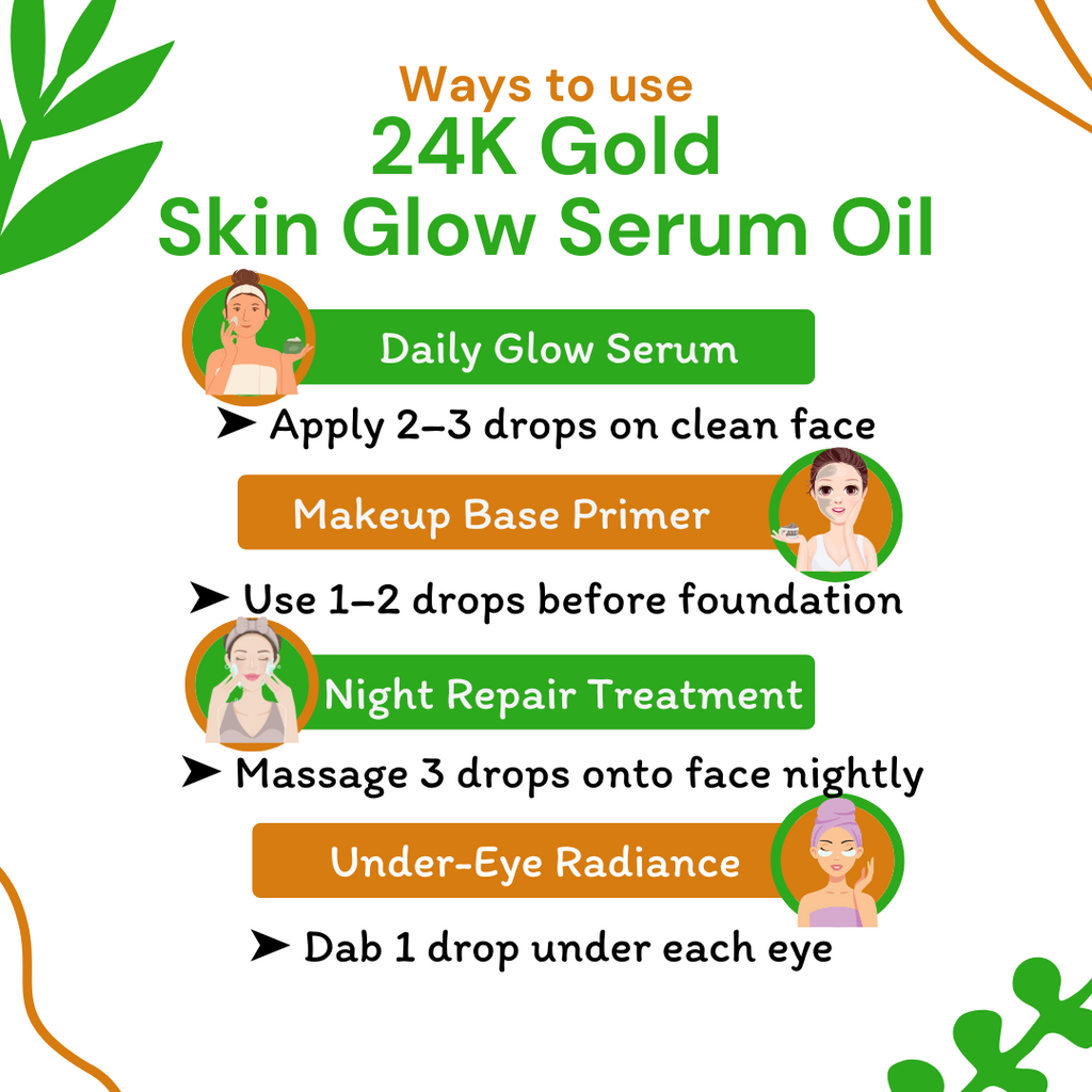 Instructions on how to use 24K Gold Skin Glow Serum Oil with icons and text.