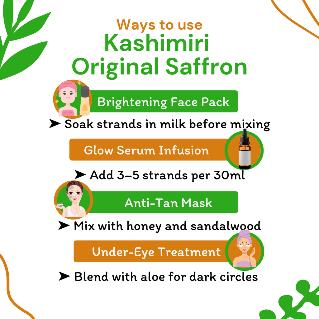 Instructions on how to use Kashmiri Original Saffron for various skincare treatments.