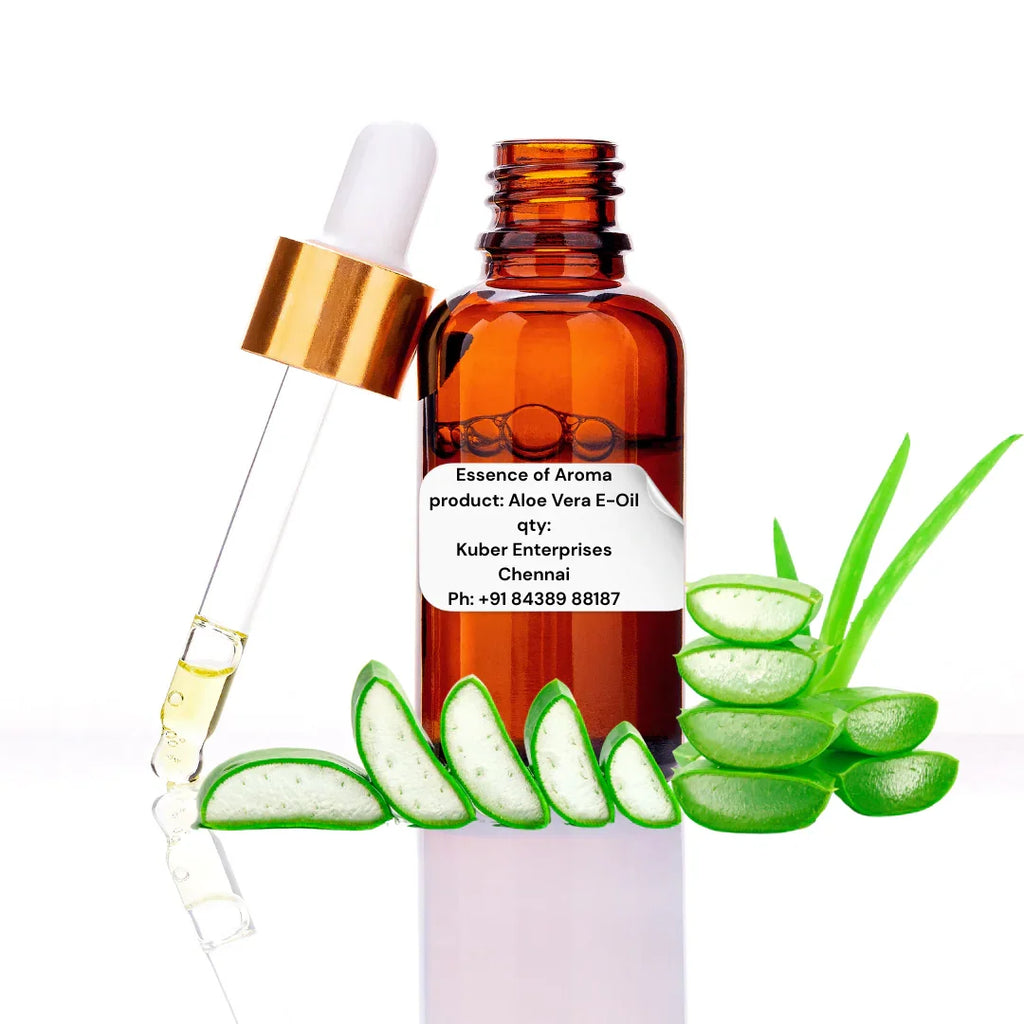 A bottle of Aloe Vera E-Oil with a dropper and aloe vera leaves on a white background