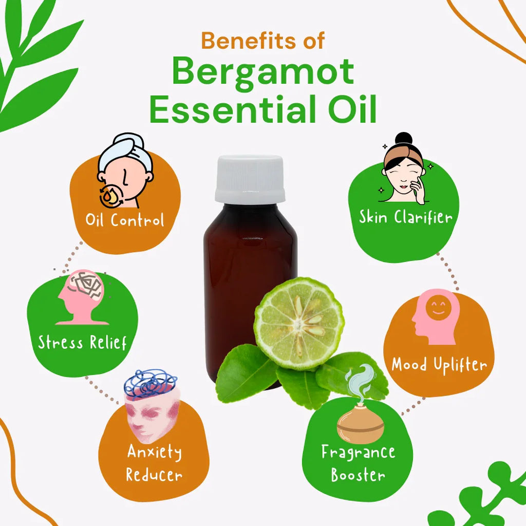Bergamot essential oil bottle with its benefits on a white background