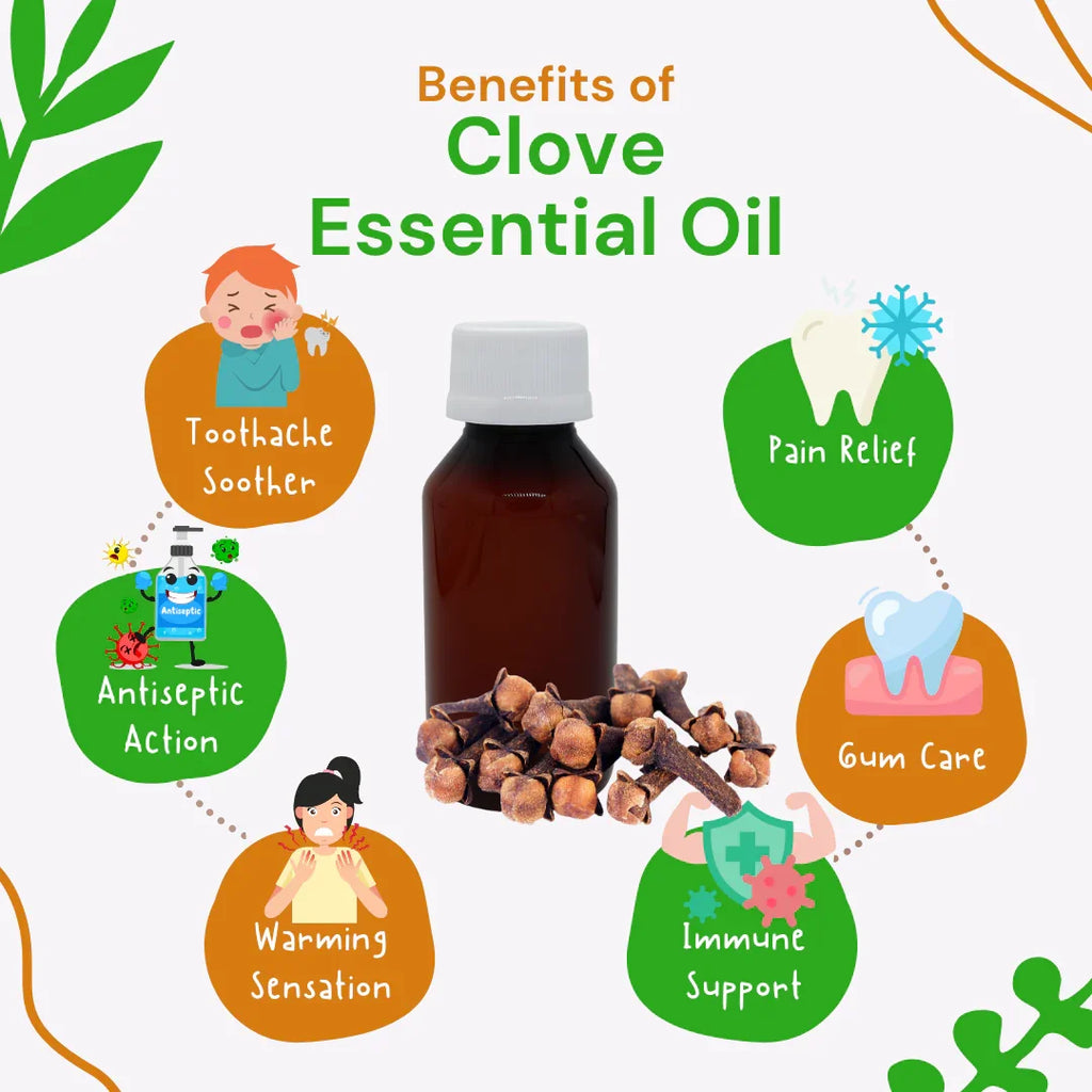 Infographic detailing the benefits of clove essential oil with a bottle and cloves on a white background.