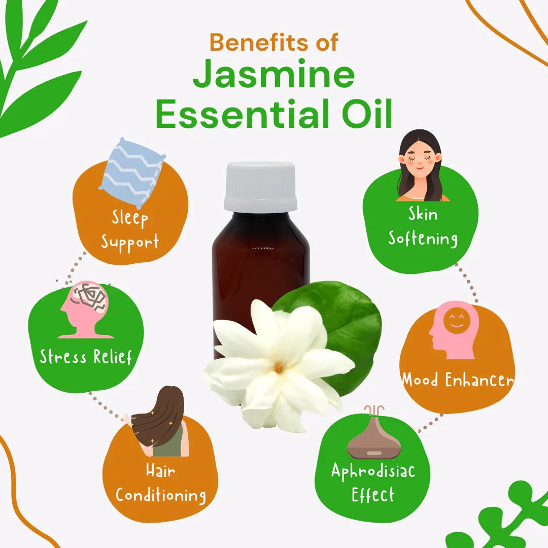 Infographic on the benefits of Jasmine Essential Oil with a bottle and flower illustration.