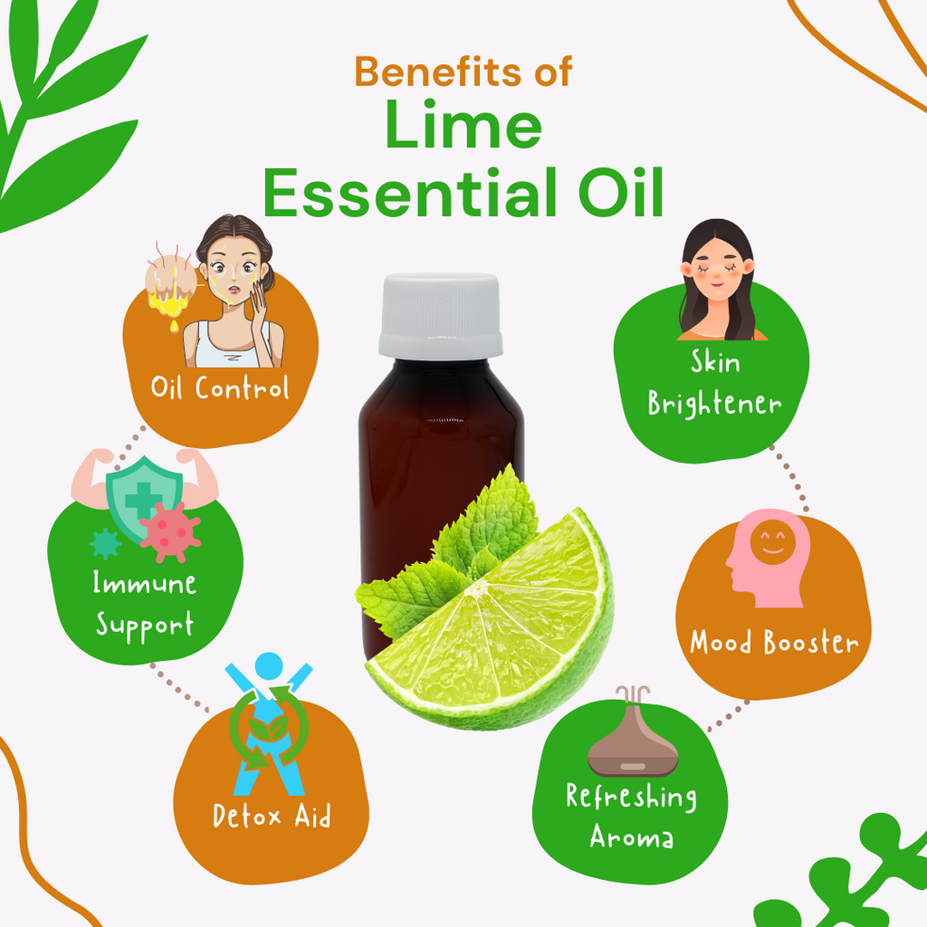 Lime essential oil bottle with lime slices and icons indicating its benefits on a white background.