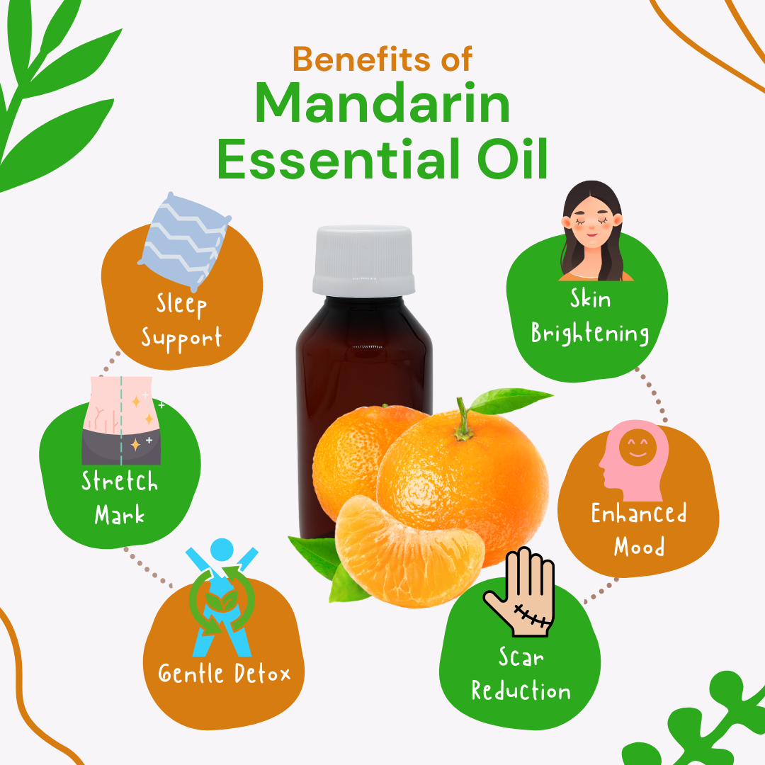 Mandarin essential oil bottle with oranges and icons indicating its benefits on a white background