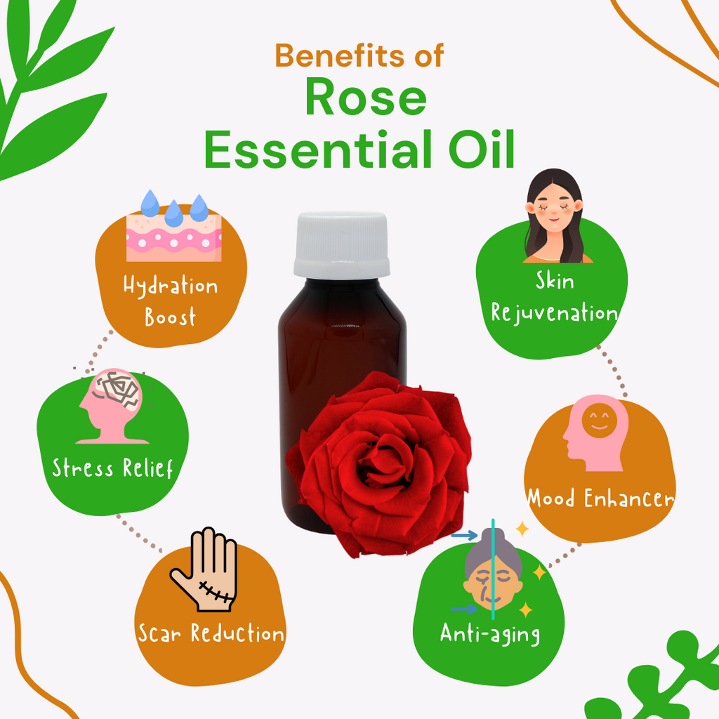 Rose essential oil bottle with benefits listed on a white background