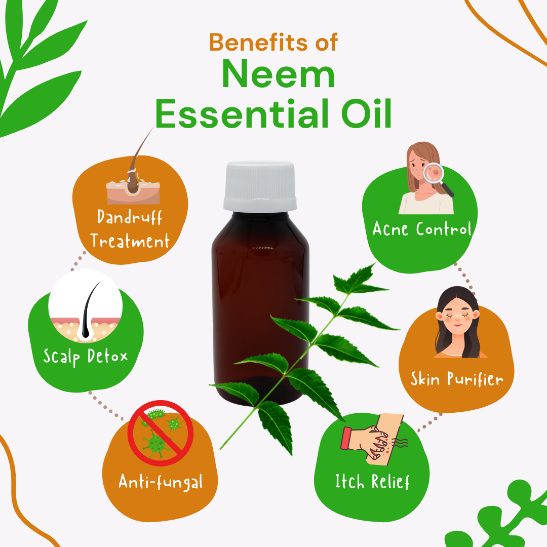 Neem essential oil bottle with benefits listed on a white background