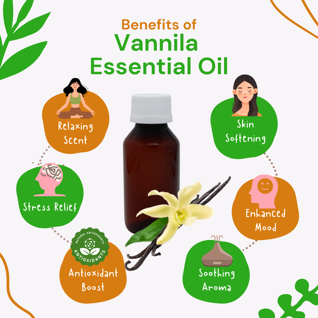 Vannila essential oil bottle with benefits listed on a white background