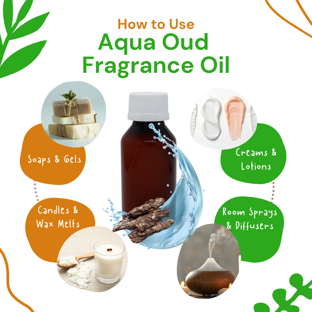 Aqua Oud fragrance oil with uses for soaps, candles, creams, and room sprays
