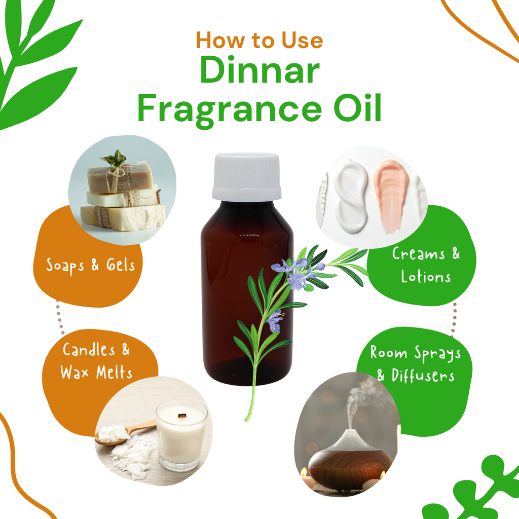 Dinnar Fragrance Oil with uses for soaps, candles, creams, room sprays