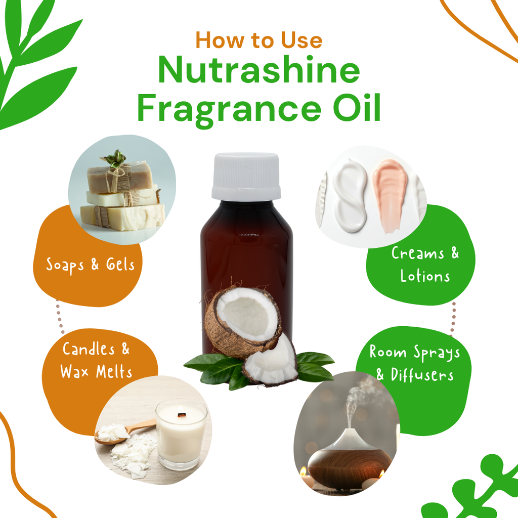 Nutrashine fragrance oil with uses for soaps, candles, creams, and room sprays