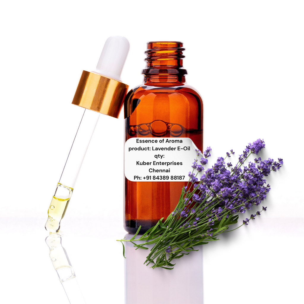 Lavender essential oil bottle with dropper and lavender flowers on a white background