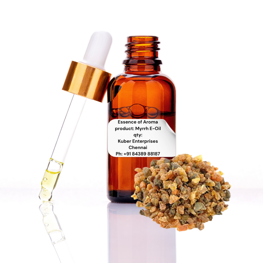 myrrh essential oil bottle with dropper and myrrh resin on a white background